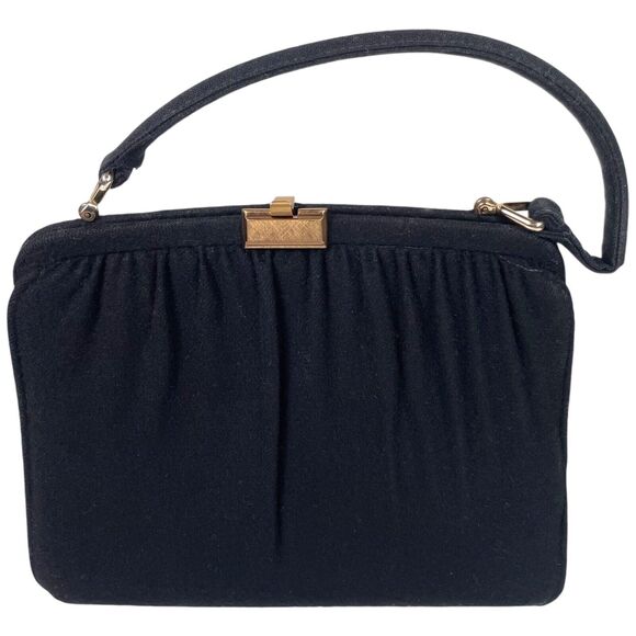 Unbranded Handbags - 1950s Vintage Suede Handbag Gathered Fabric Clasp Gold Hardware Black VTG